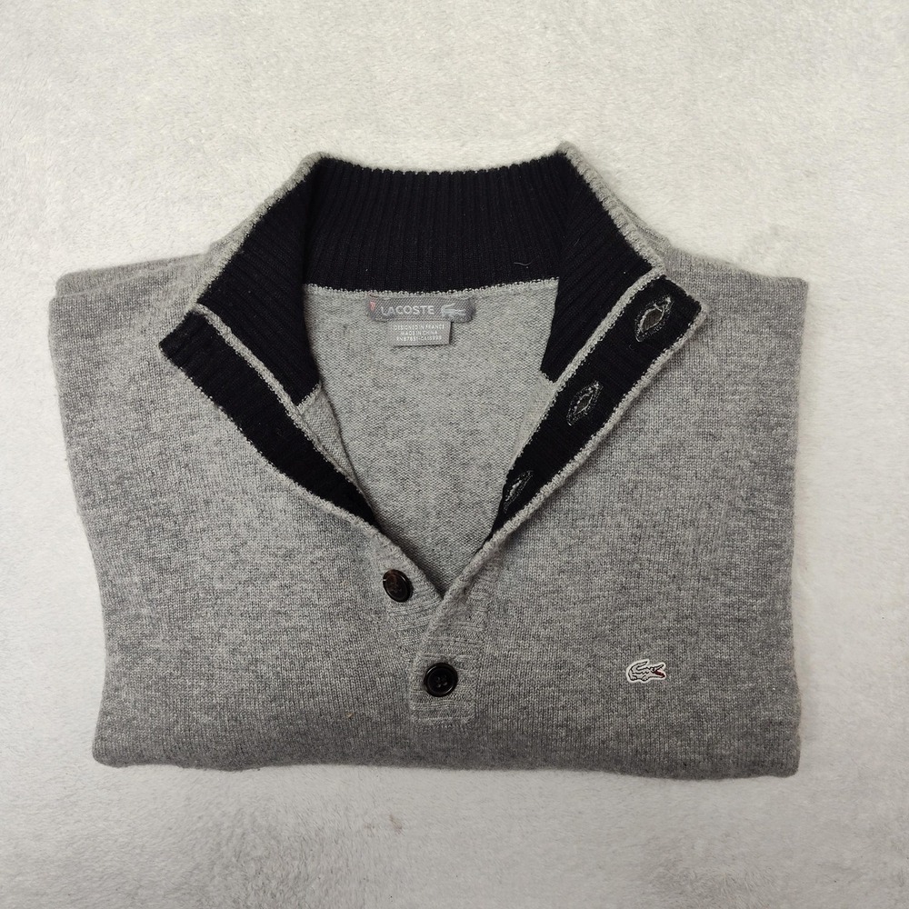Lacoste Sweater Mens 2XL Gray 1/4 Button Collared Cashmere Pullover Lightweight
